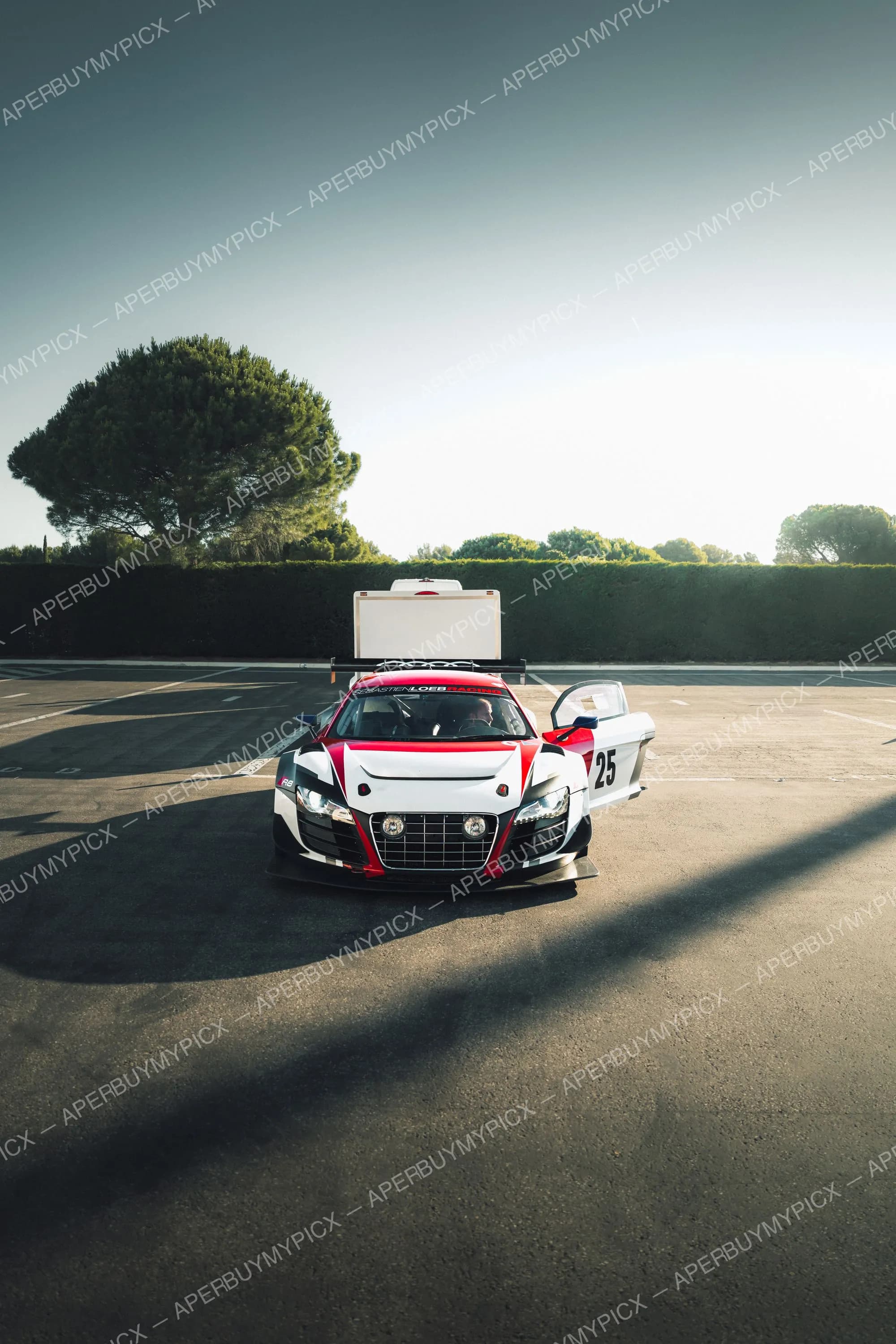 Audi R8 LMS GT3 blanche rouge et noire numéro 25 Sébastien Loeb Racing, porte ouverte, garée sur asphalte au coucher du soleil avec arbres et haie en arrière-plan