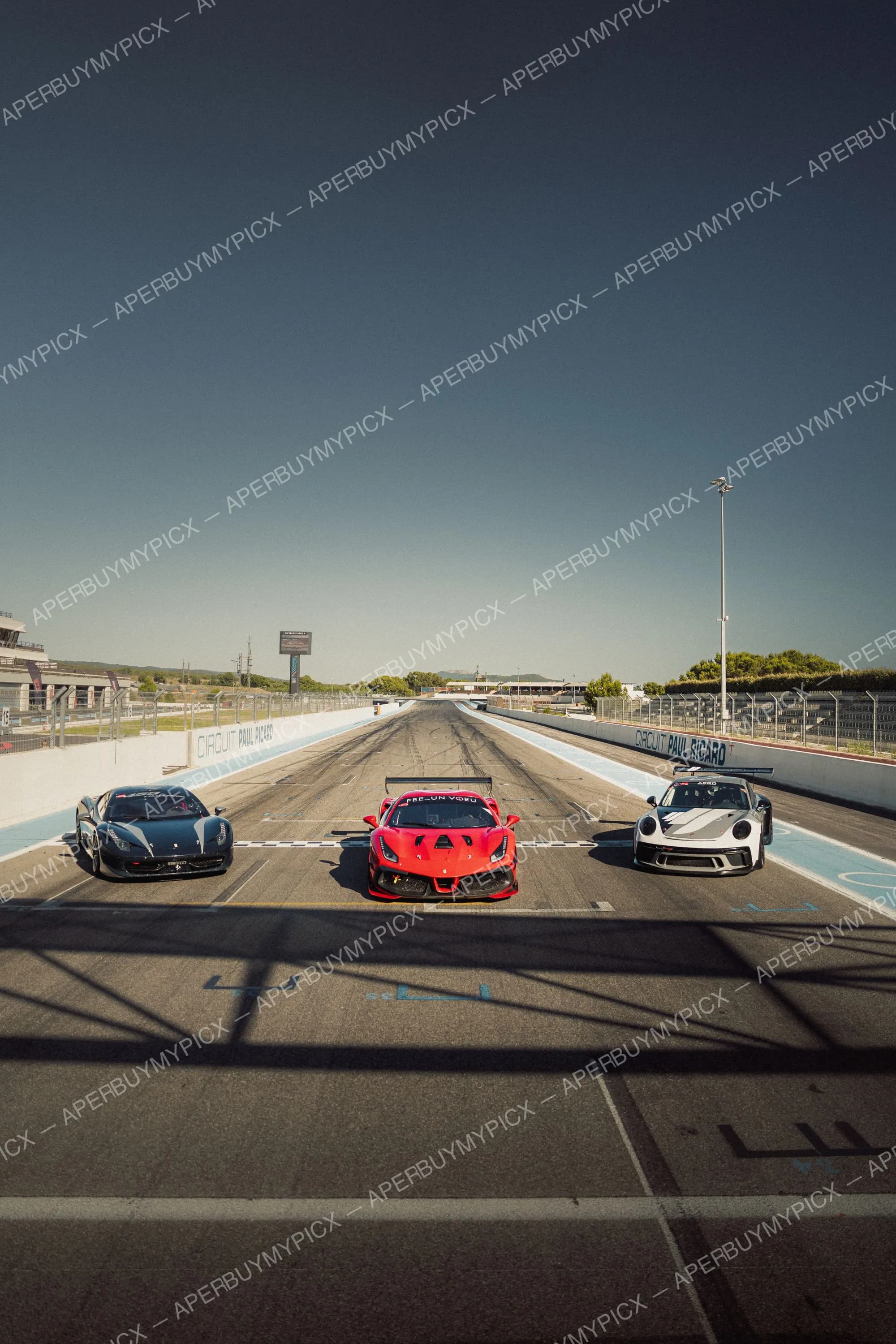Trois voitures de course GT alignées sur la ligne de départ du Circuit Paul Ricard : une Ferrari noire à gauche, une Ferrari 488 rouge au centre et une Porsche 911 blanche à droite, sous un ciel bleu dégagé.