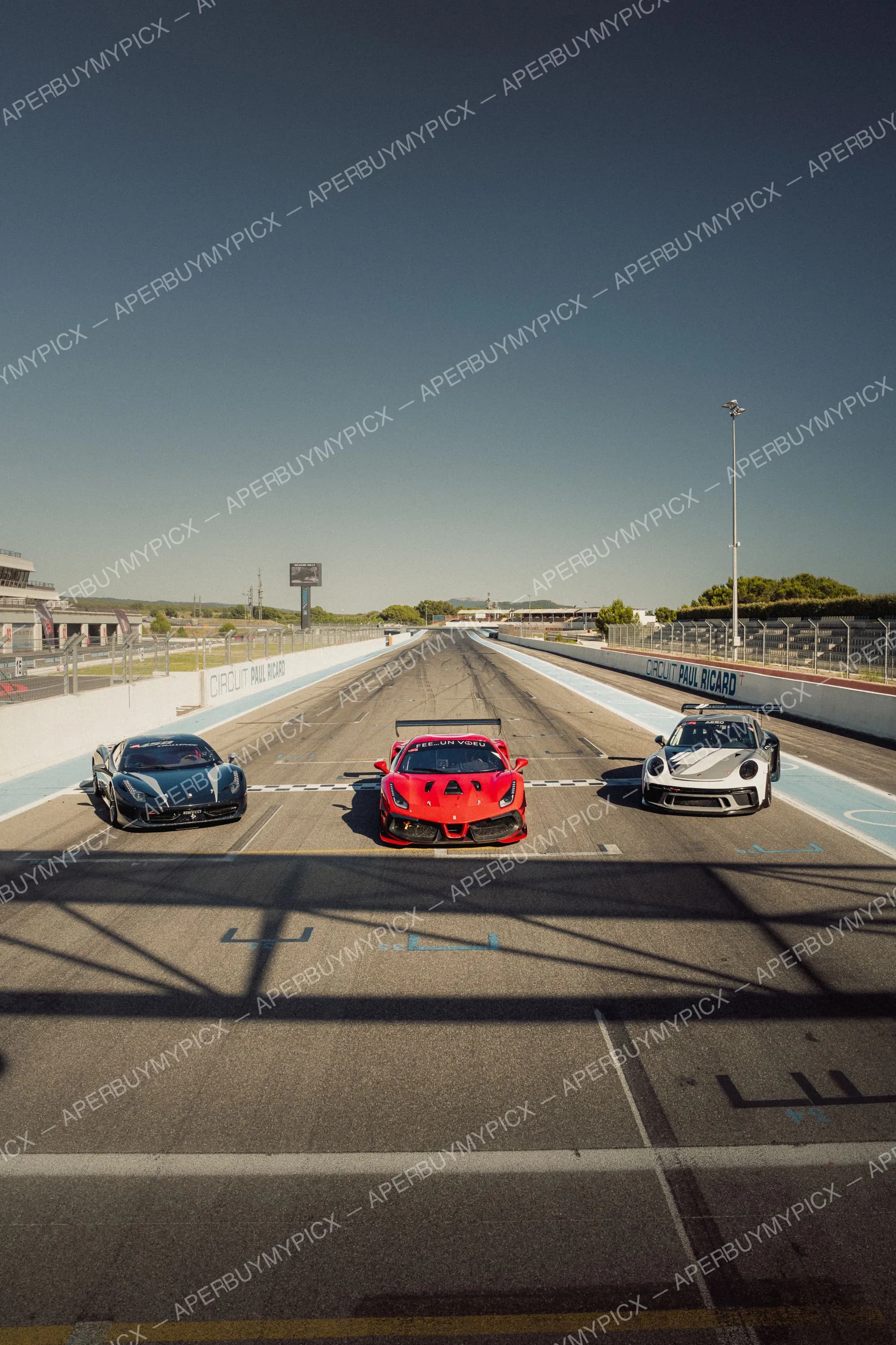 Trois voitures de course - une Ferrari 458 noire, une Ferrari 488 rouge et une Porsche 911 blanche - alignées sur la ligne de départ du Circuit Paul Ricard sous un ciel bleu.