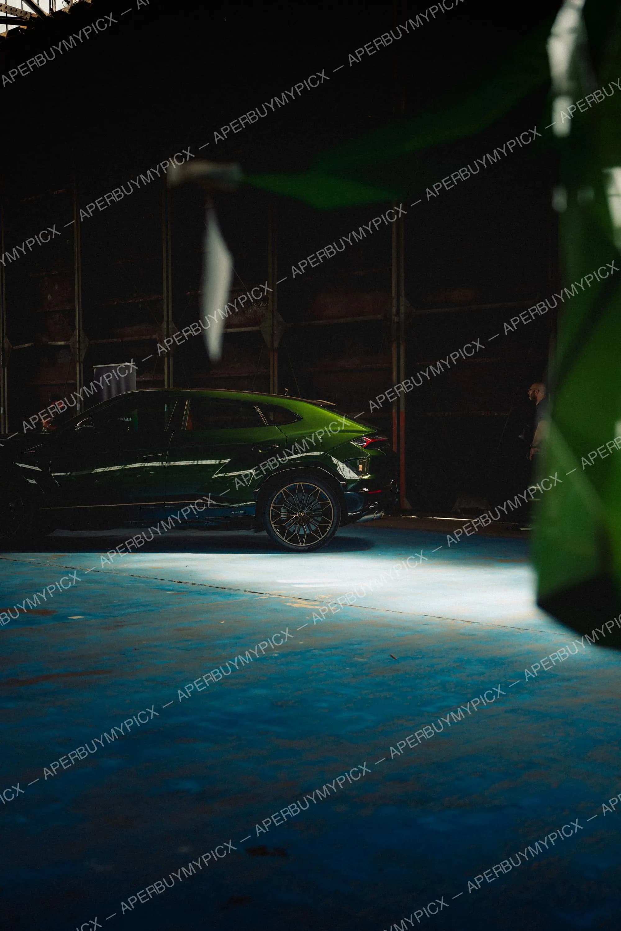 Lamborghini Urus verte de profil garée dans un hangar industriel sombre, éclairée par la lumière naturelle, jantes dorées, vue à travers un feuillage vert au premier plan.