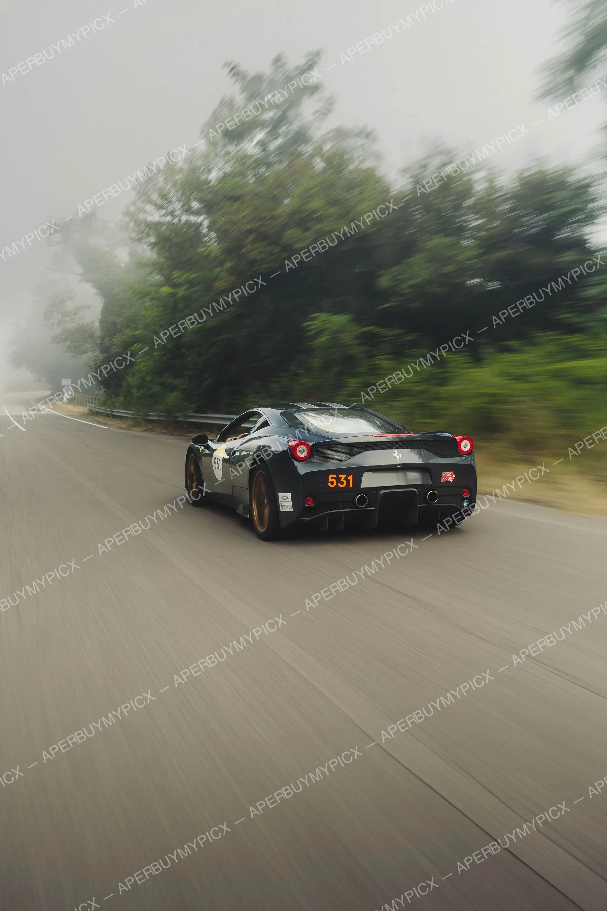 Ferrari 458 Speciale grise portant le numéro 531 et un dossard Mille Miglia, roulant à grande vitesse sur une route brumeuse bordée d'arbres, vue arrière avec effet de filé.