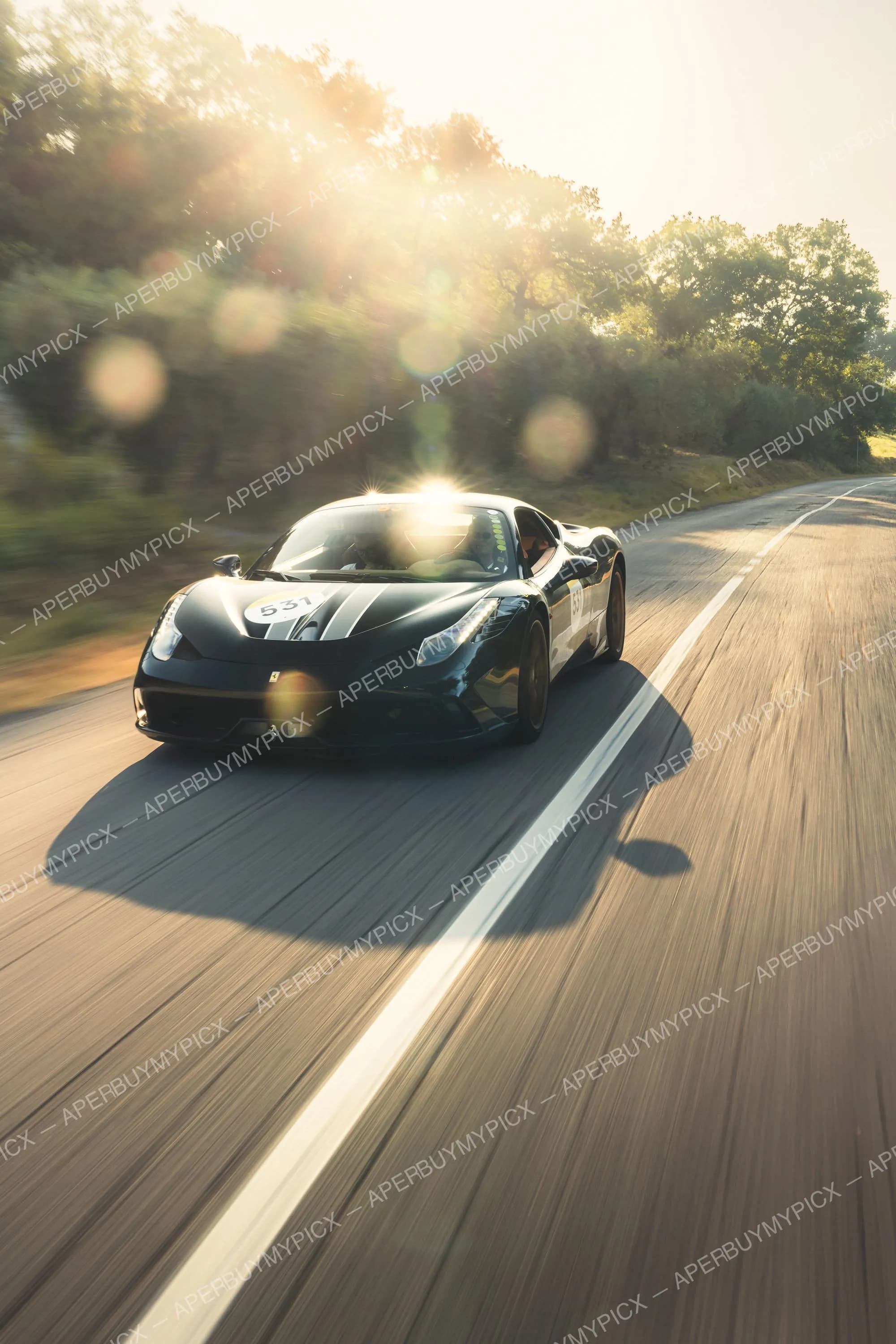 Ferrari 458 Speciale noire avec bandes blanches et numéro 531 roulant à grande vitesse sur une route de campagne au coucher du soleil, arbres flous en arrière-plan.