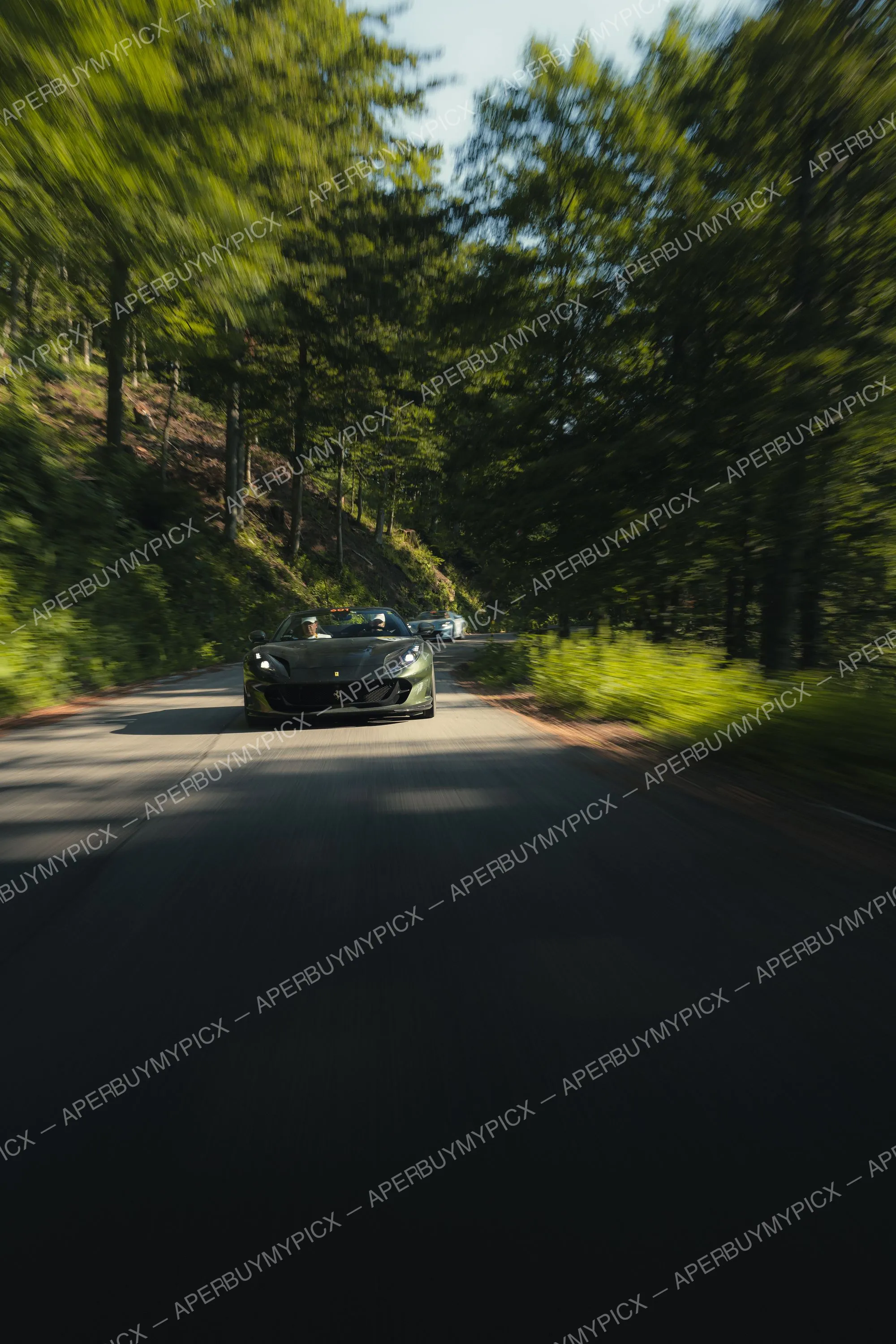 Ferrari 812 GTS verte roulant à vive allure sur une route de forêt ensoleillée avec effet de filé, suivie d'autres voitures, lors des Mille Miglia 2025.