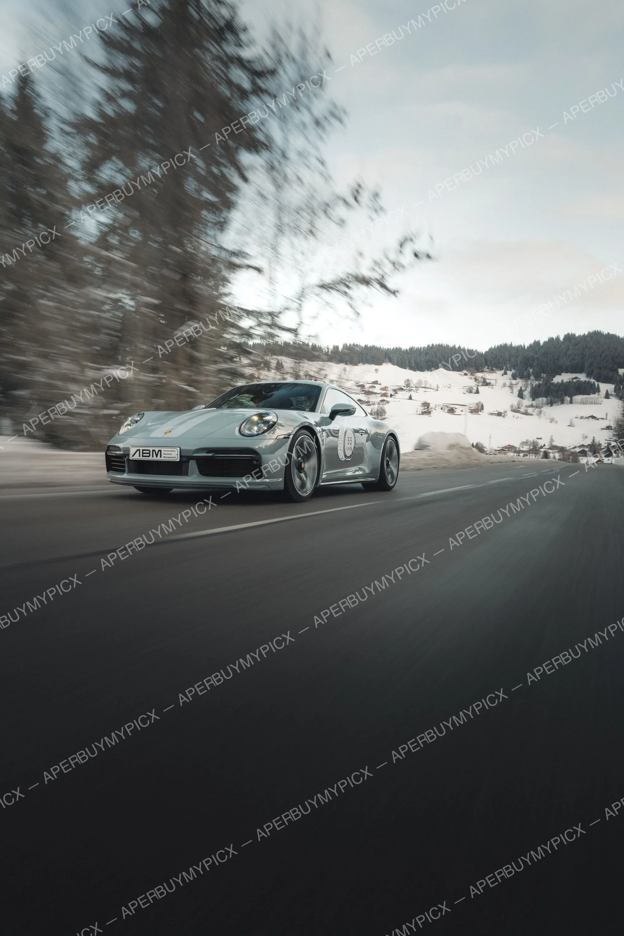 Porsche 911 gris argent en mouvement sur une route de montagne bordée de sapins avec paysage alpin enneigé en arrière-plan
