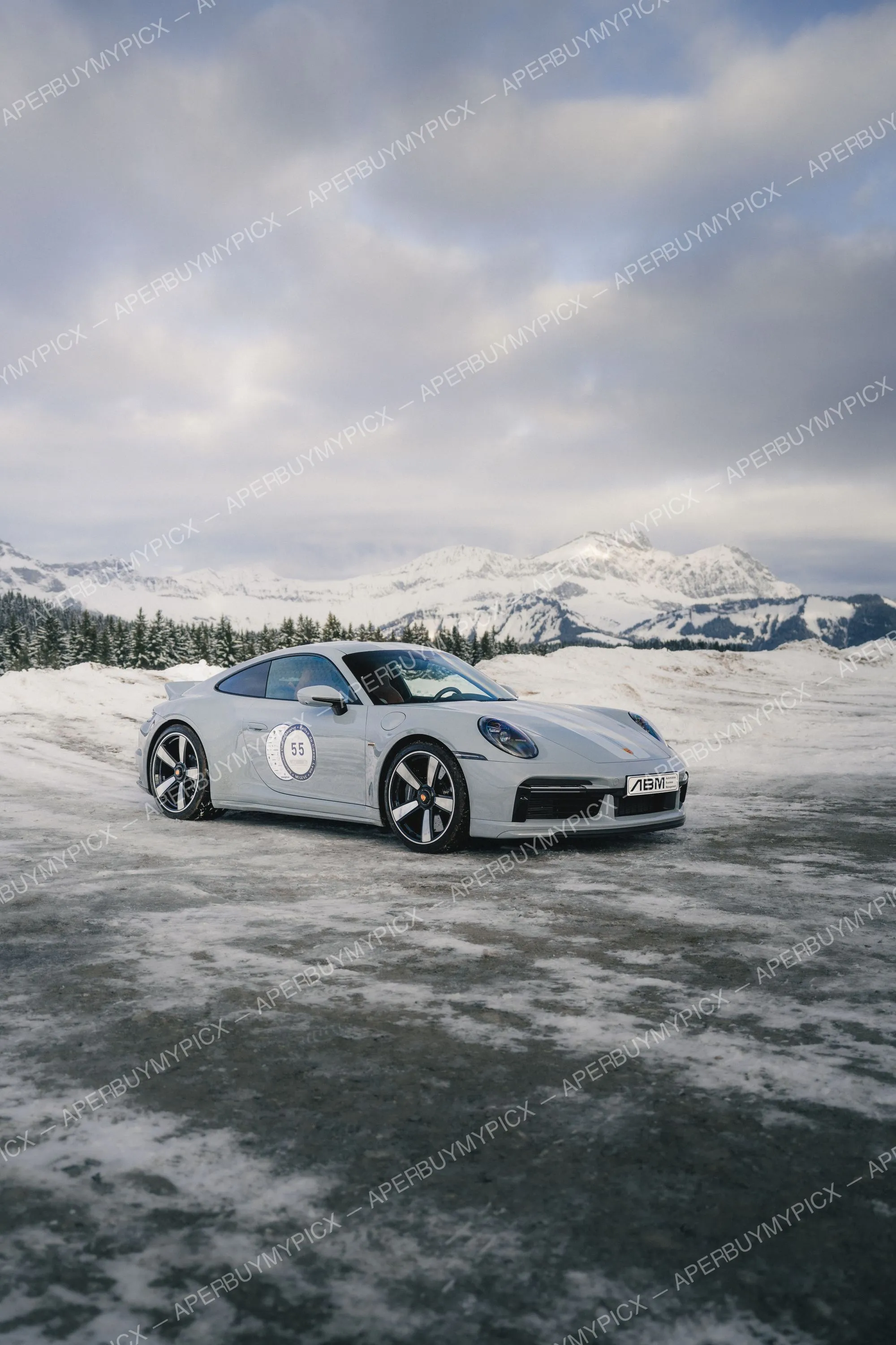 Porsche 911 grise portant le numéro 55 stationnée sur une route enneigée devant des montagnes alpines enneigées et une forêt de sapins sous un ciel nuageux.