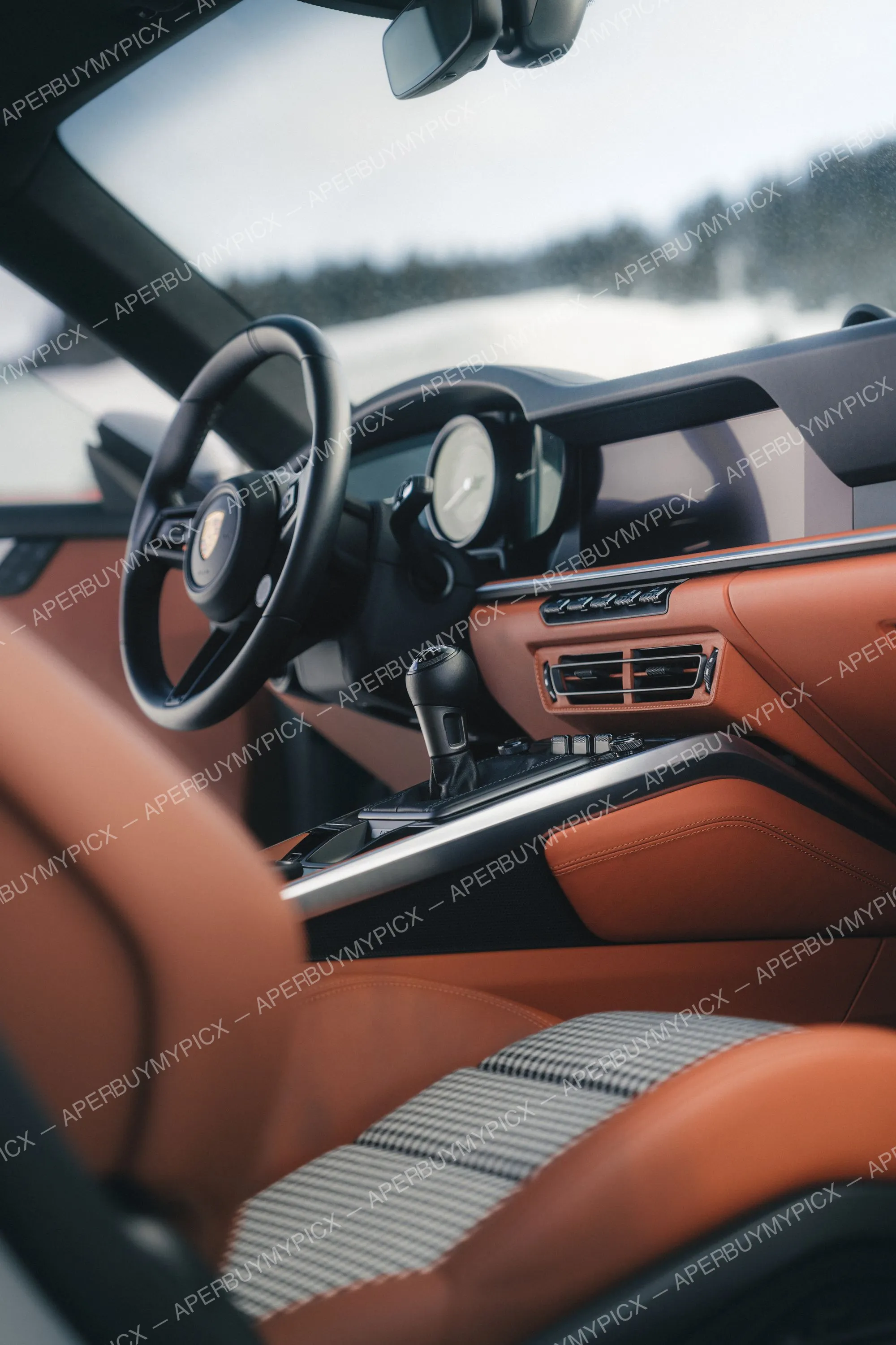 Intérieur d'une Porsche 911 cabriolet avec sièges en cuir cognac, volant noir, levier de vitesse manuel et tableau de bord numérique, paysage enneigé en arrière-plan.