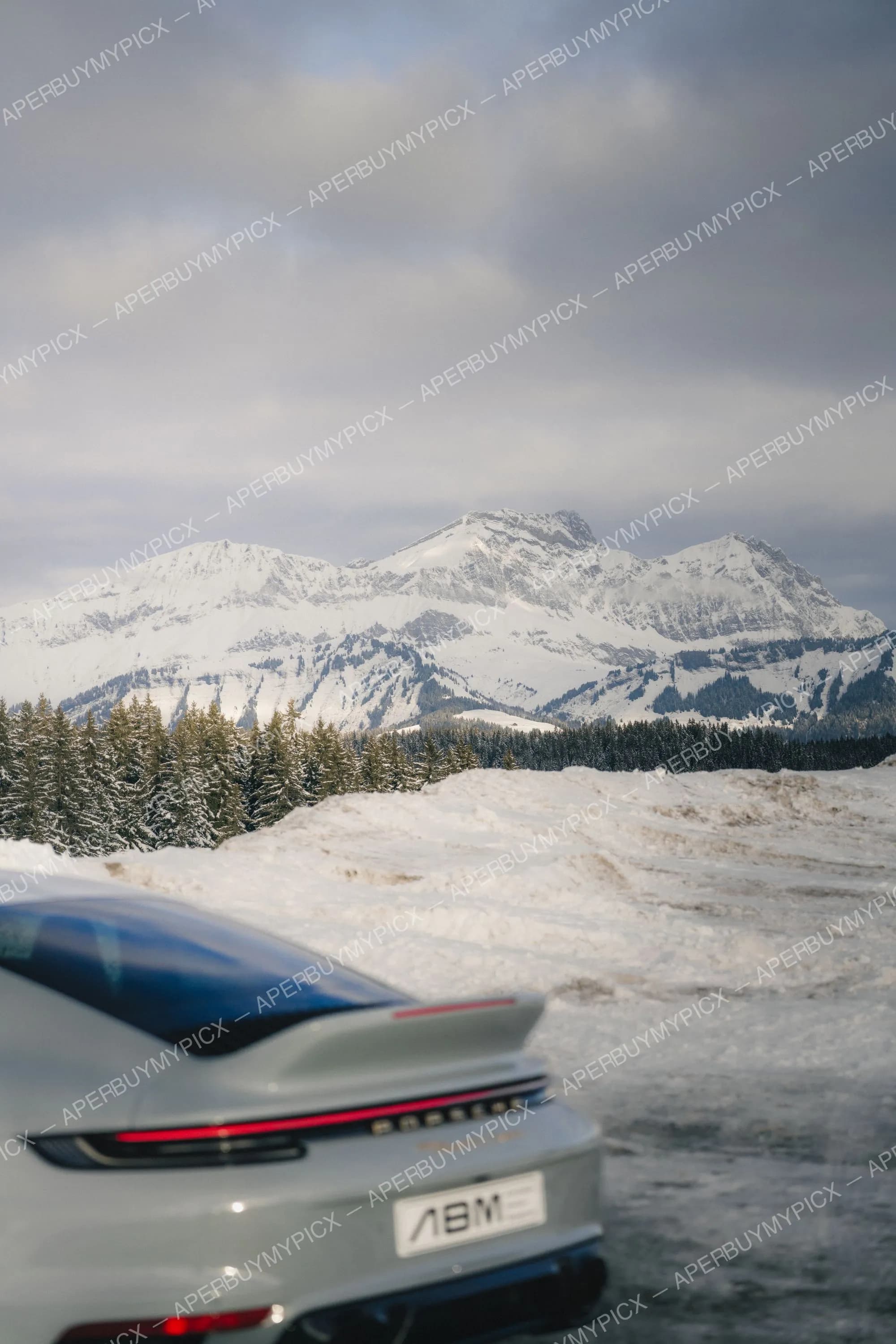 Arrière d'une Porsche 911 grise avec aileron, garée dans la neige devant une forêt de sapins et des sommets alpins enneigés sous un ciel nuageux à Megève.