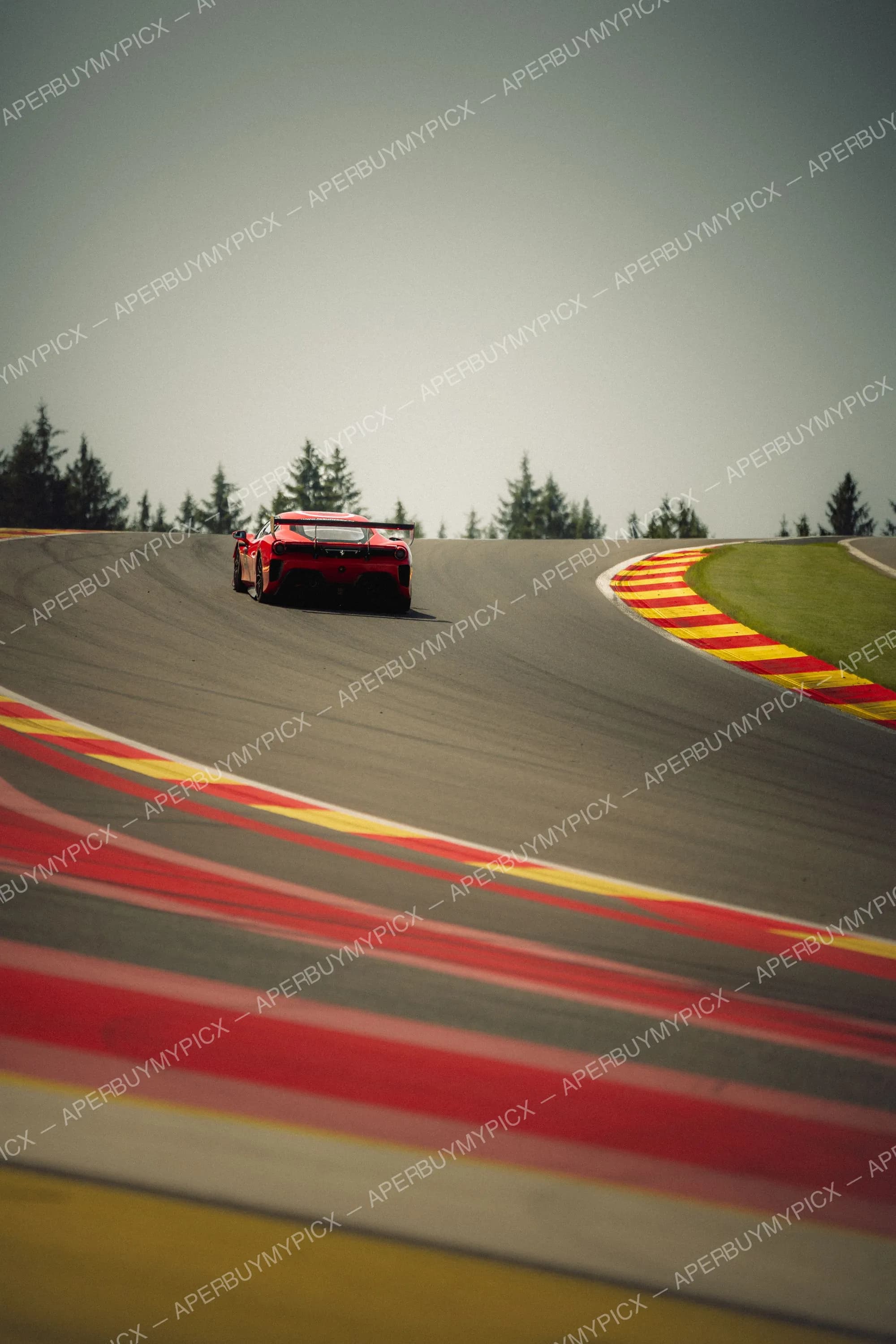 Voiture de course Ferrari GT3 rouge vue de l'arrière abordant un virage sur le circuit de Spa-Francorchamps, avec vibreurs rouges et jaunes et sapins en arrière-plan.