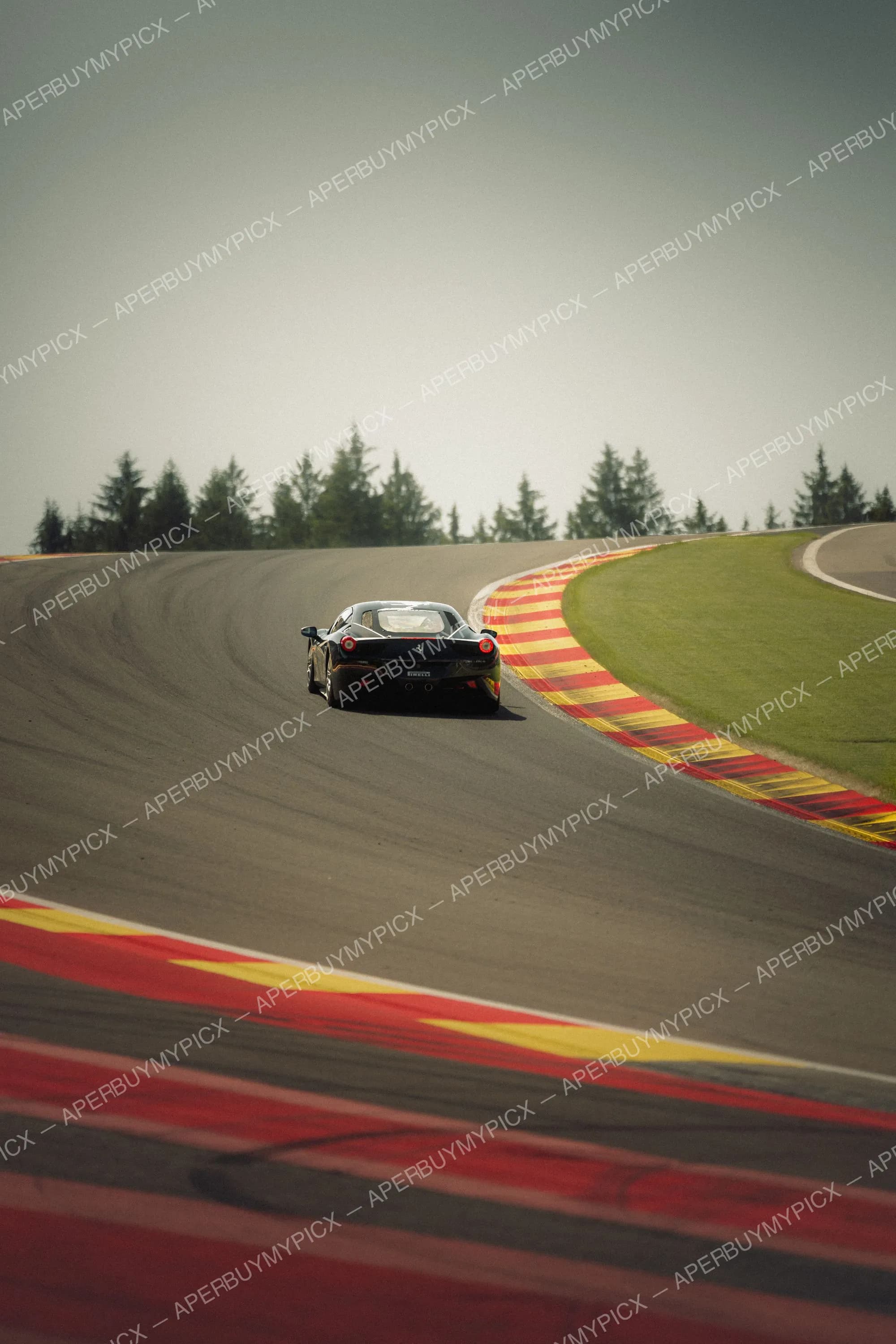 Ferrari 458 noire vue de l'arrière négociant un virage sur le circuit de Spa-Francorchamps, avec vibreurs rouges et jaunes et sapins en arrière-plan