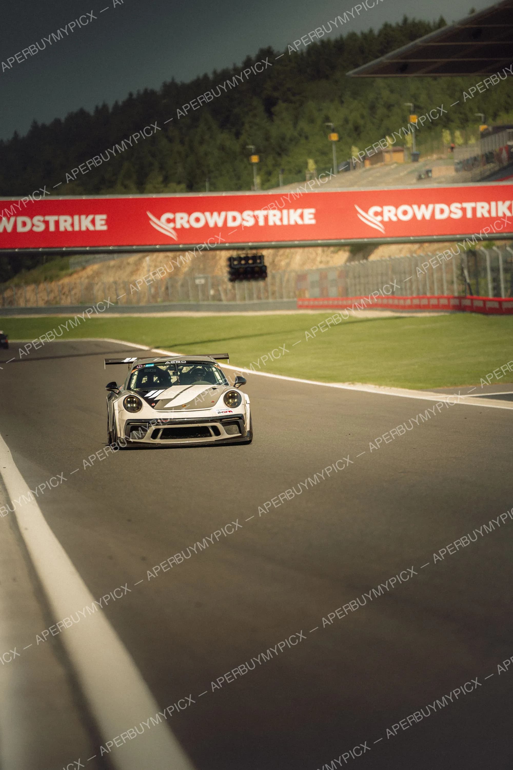 Porsche 911 GT3 Cup blanche en course sur le circuit de Spa-Francorchamps, sous un panneau publicitaire CrowdStrike, avec collines boisées en arrière-plan.