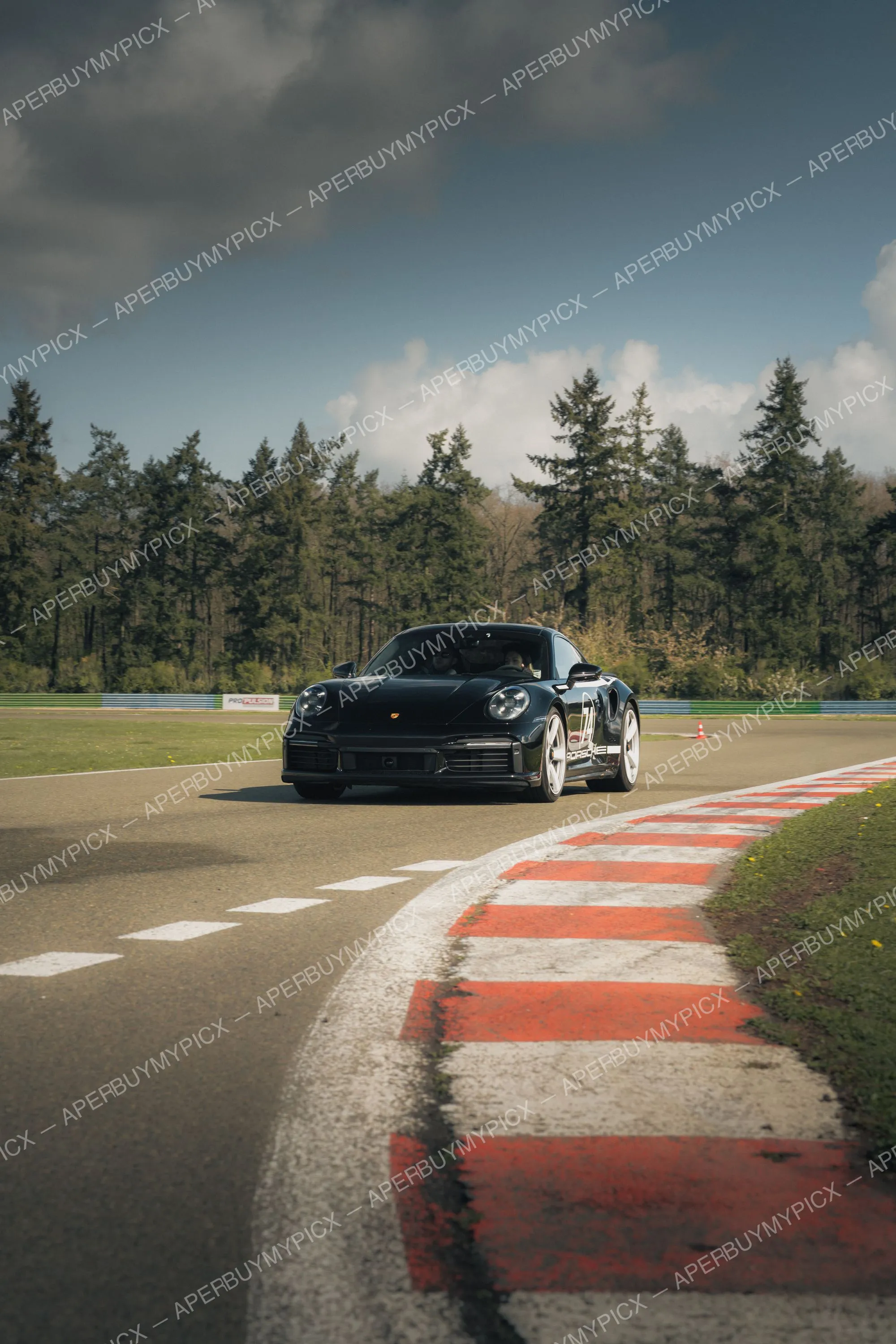 Porsche 911 Turbo noire roulant sur un circuit avec vibreurs rouges et blancs, arrière-plan de sapins et ciel nuageux
