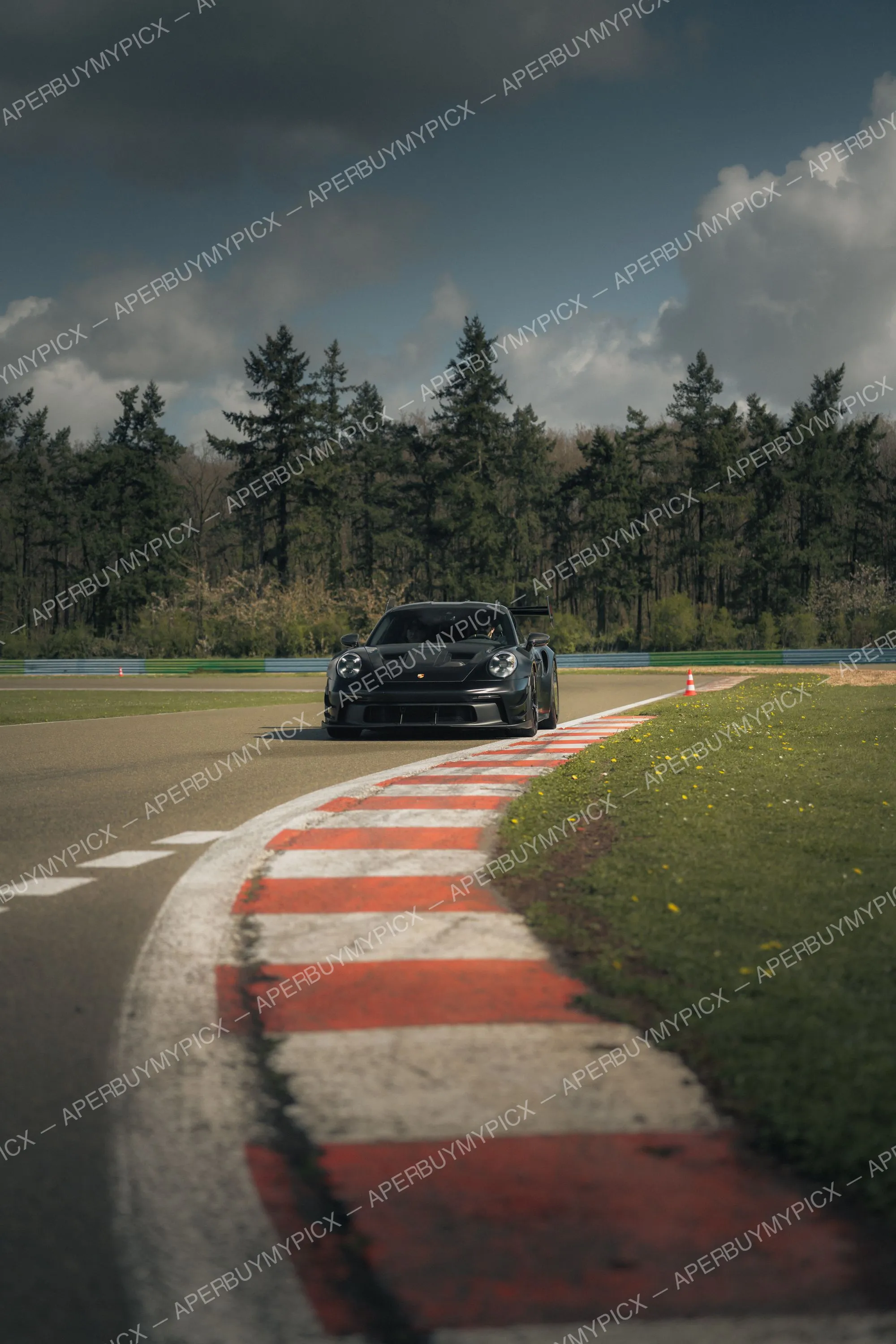 Porsche 911 GT3 RS noire roulant sur un circuit, vue de face, longeant un vibreur rouge et blanc, avec forêt de pins et ciel nuageux en arrière-plan.