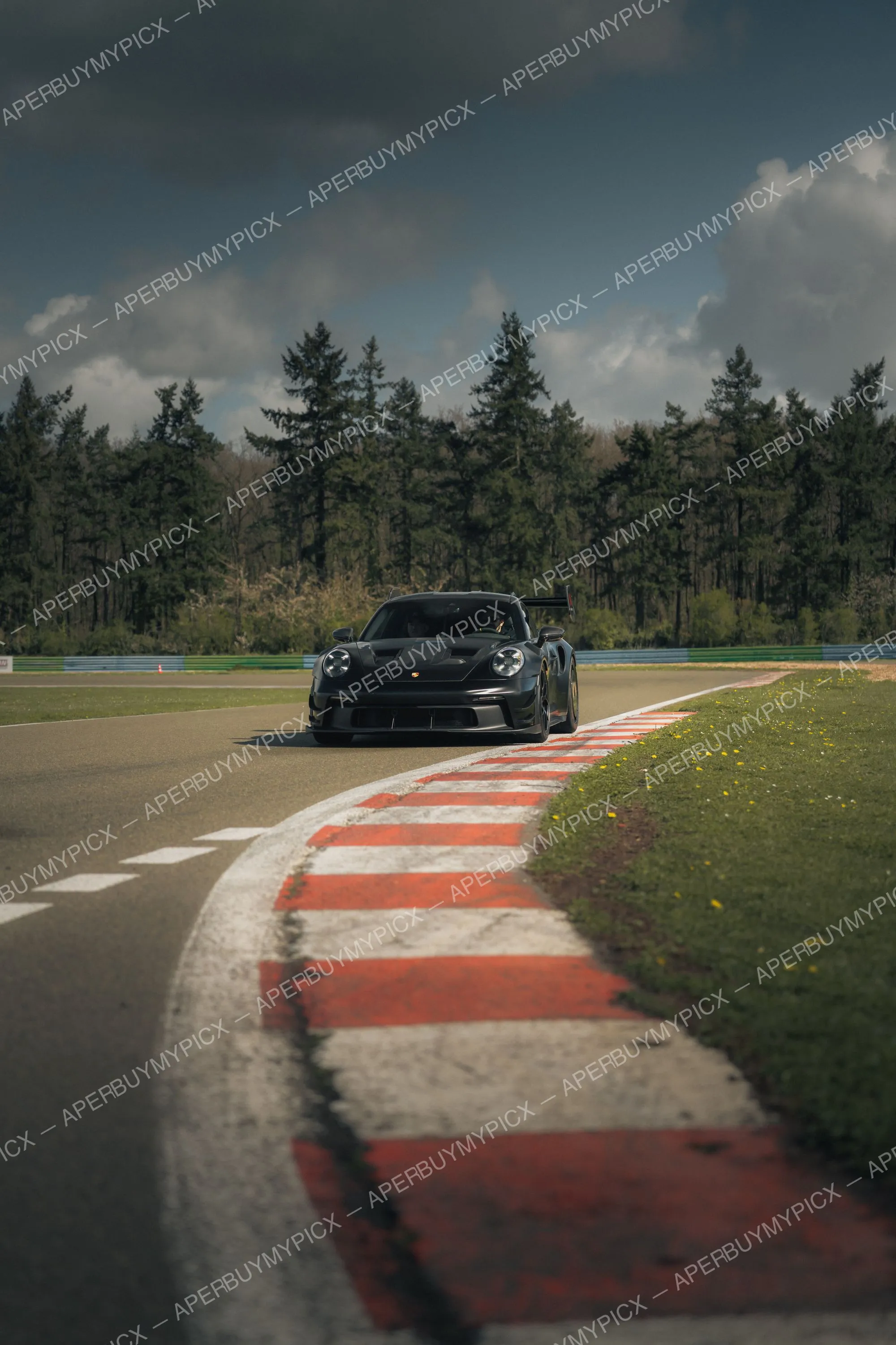 Porsche 911 GT3 RS noire roulant sur un circuit avec vibreurs rouges et blancs, bordé d'arbres sous un ciel nuageux