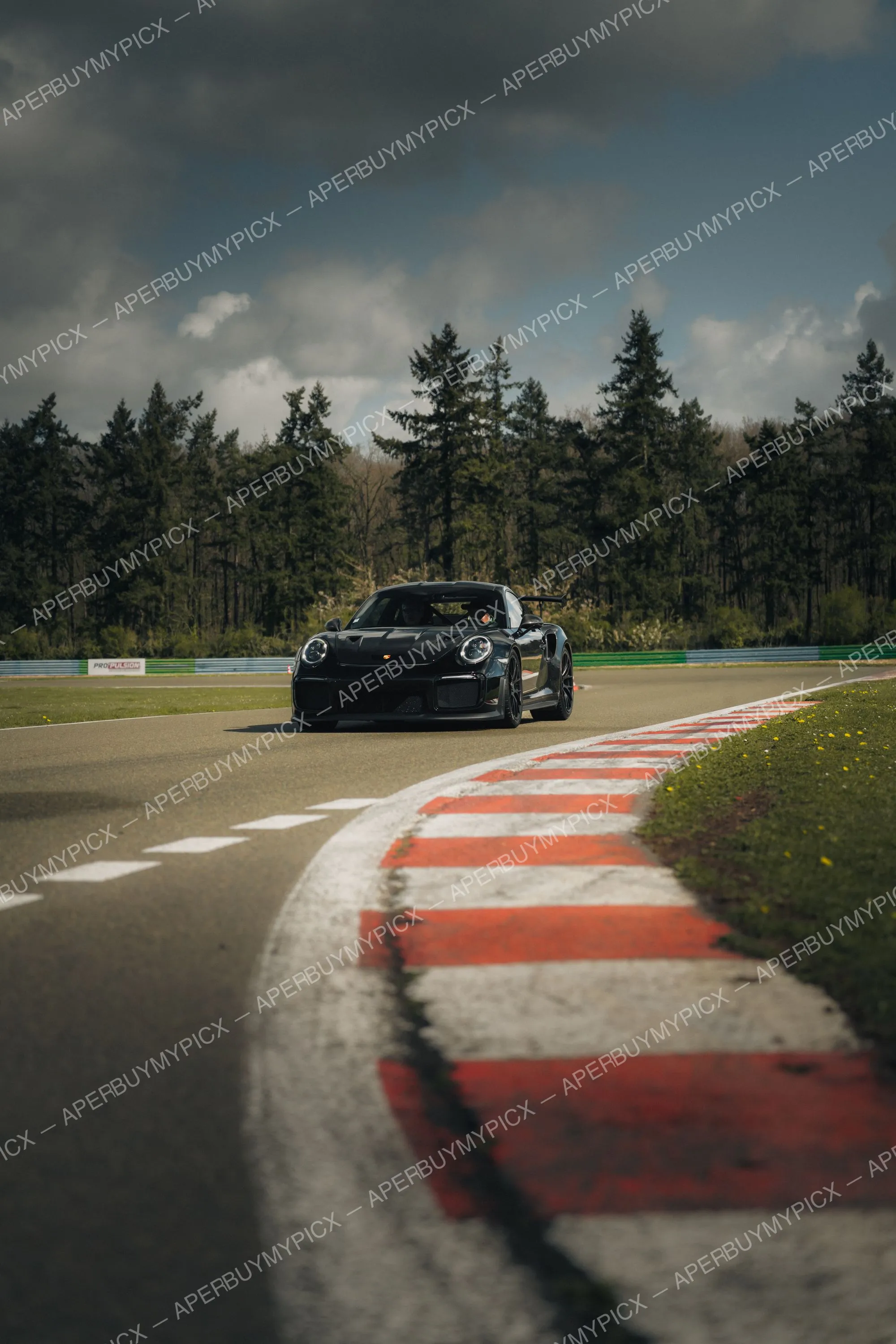 Porsche 911 GT2 RS noire roulant sur un circuit avec vibreurs rouges et blancs, forêt de pins et ciel nuageux en arrière-plan