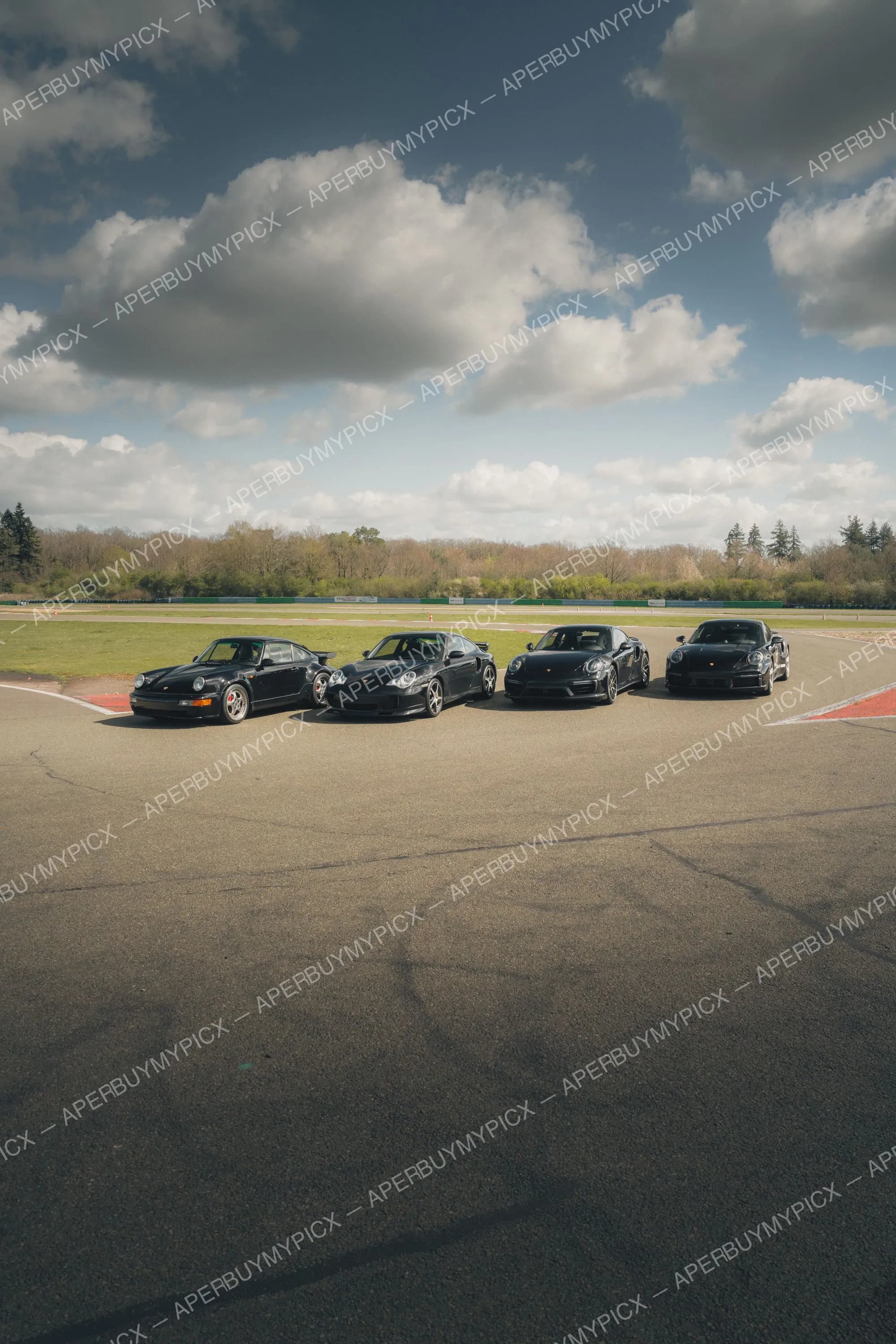 Quatre Porsche 911 Turbo noires alignées sur une piste de circuit sous un ciel nuageux, des générations classiques aux modèles récents, avec forêt en arrière-plan.
