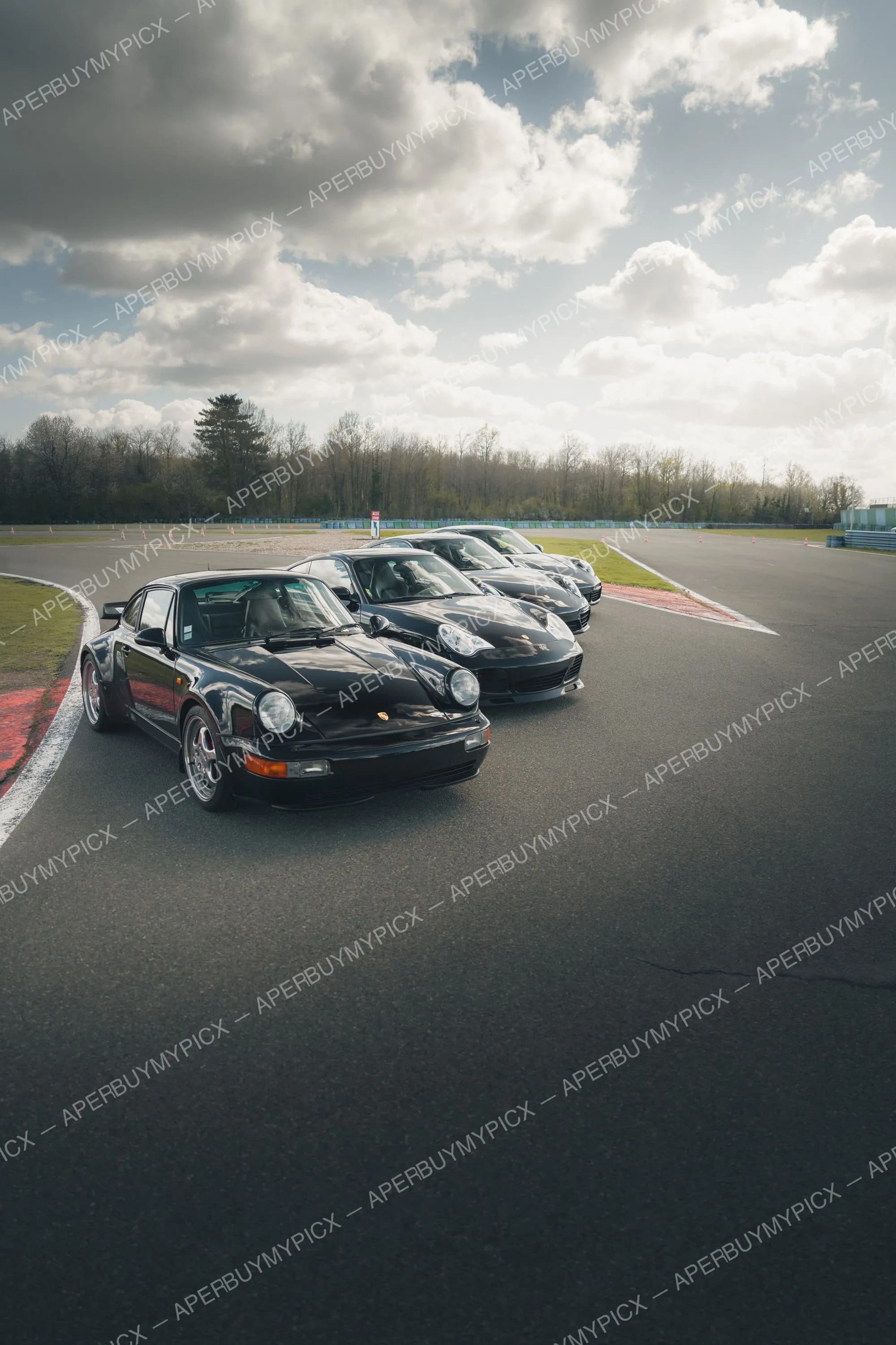 Rangée de Porsche 911 noires, dont une 964 Turbo, alignées sur une piste de circuit sous un ciel nuageux avec arbres en arrière-plan