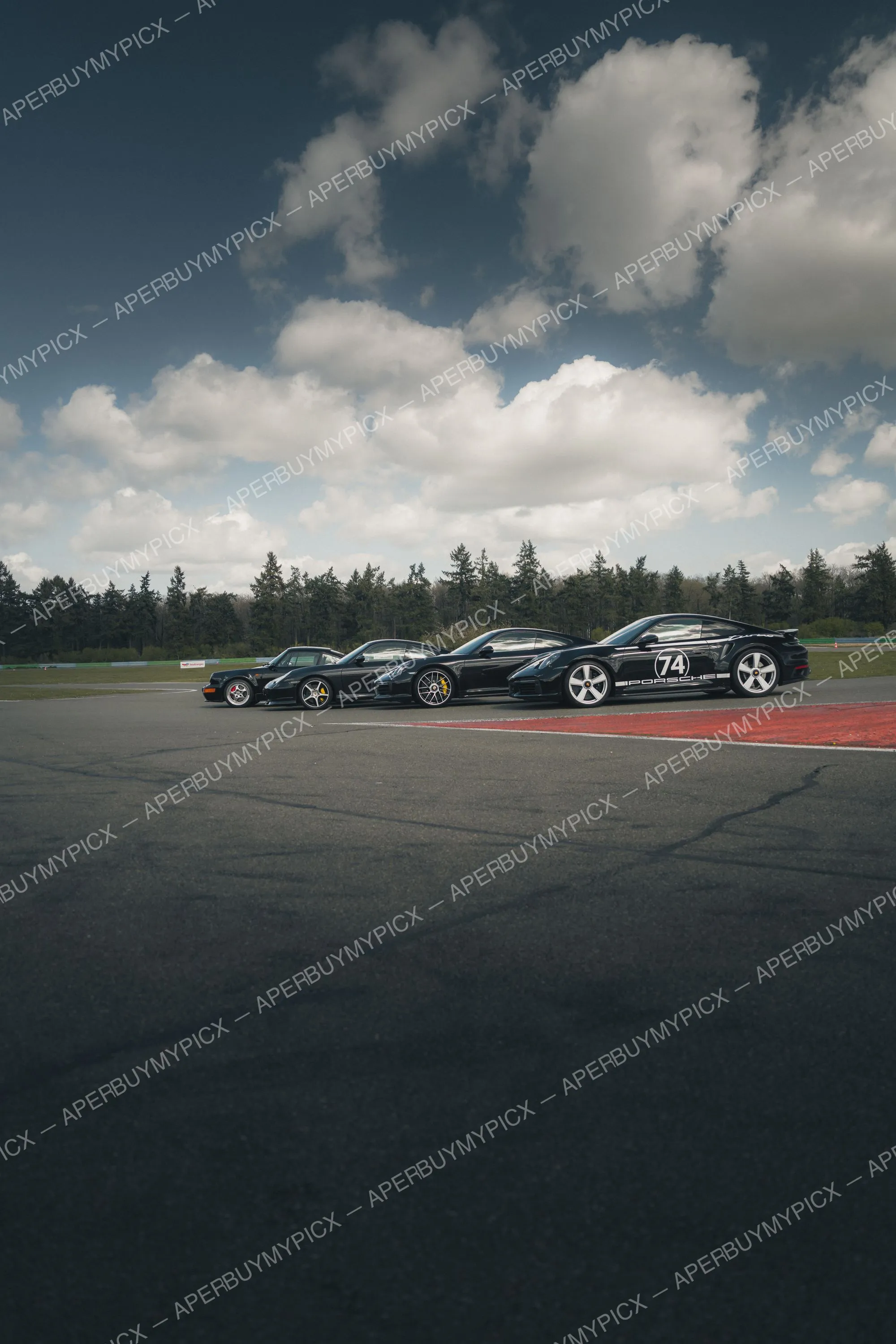 Quatre Porsche 911 noires alignées sur un circuit, dont un modèle numéro 74 avec logo Porsche, sous un ciel nuageux bordé de sapins
