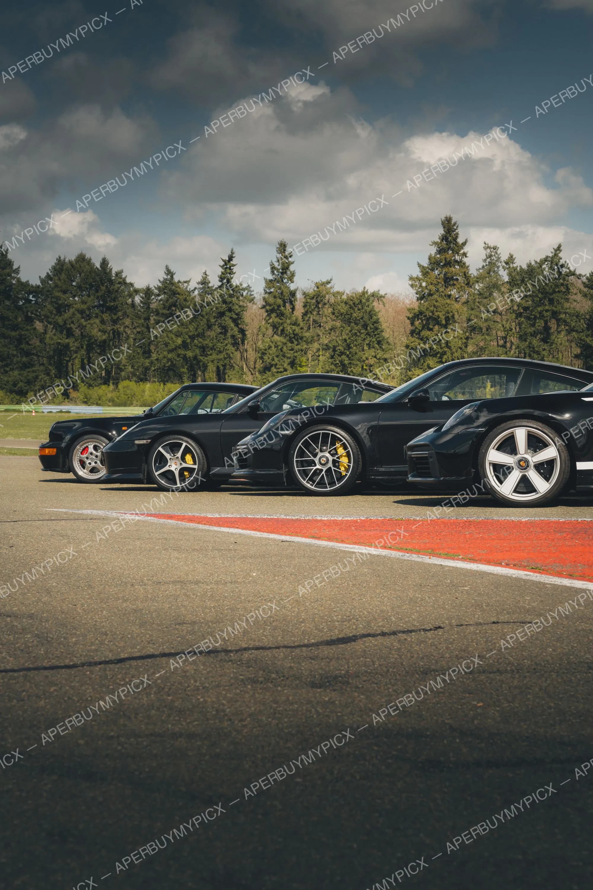 Quatre Porsche 911 noires, dont plusieurs générations, alignées sur une piste de circuit avec vibreur rouge et blanc, devant une forêt de sapins sous un ciel nuageux