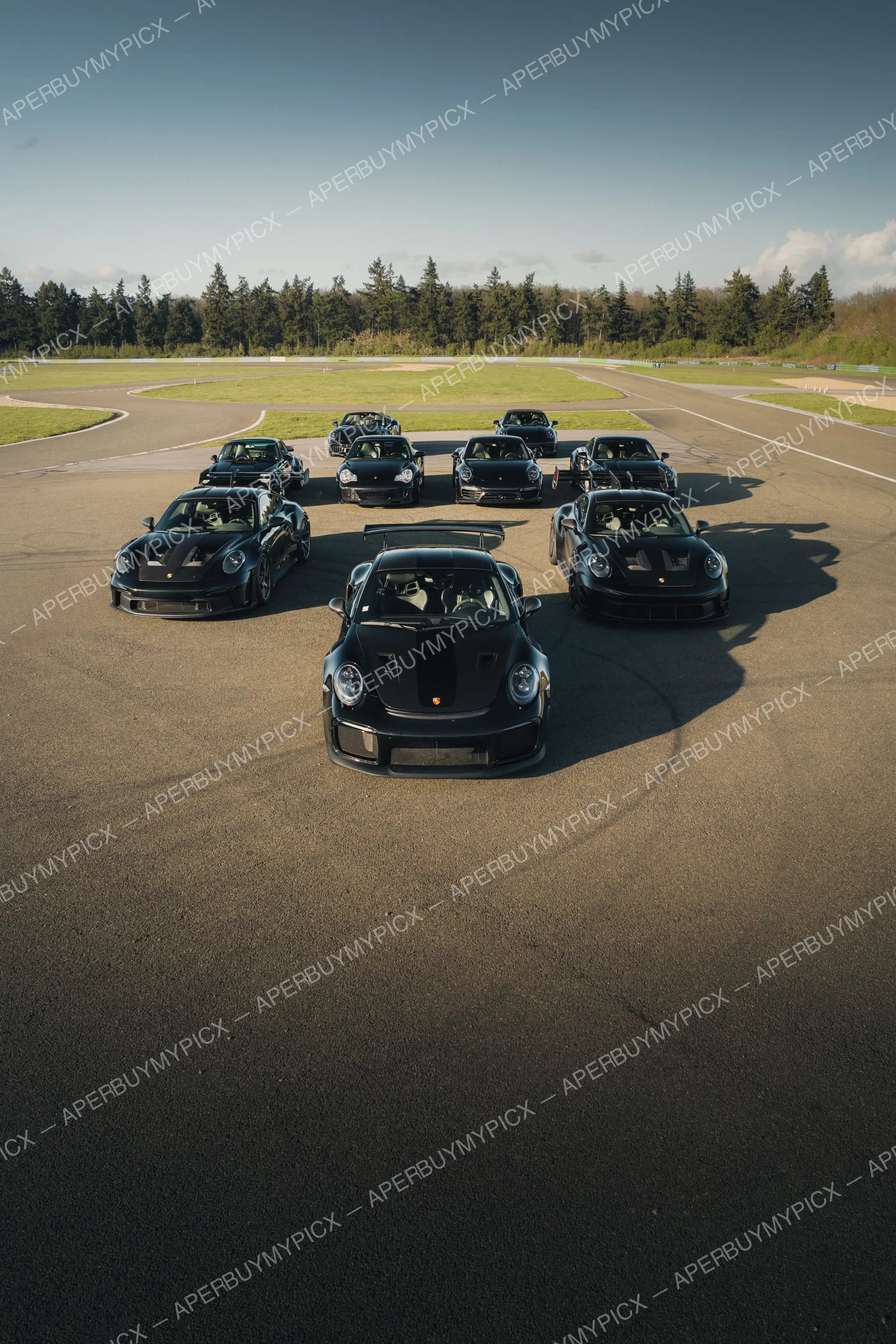 Rassemblement de dix Porsche 911 noires disposées en formation sur la piste d'un circuit, vue de face en légère plongée, avec forêt et ciel dégagé en arrière-plan.