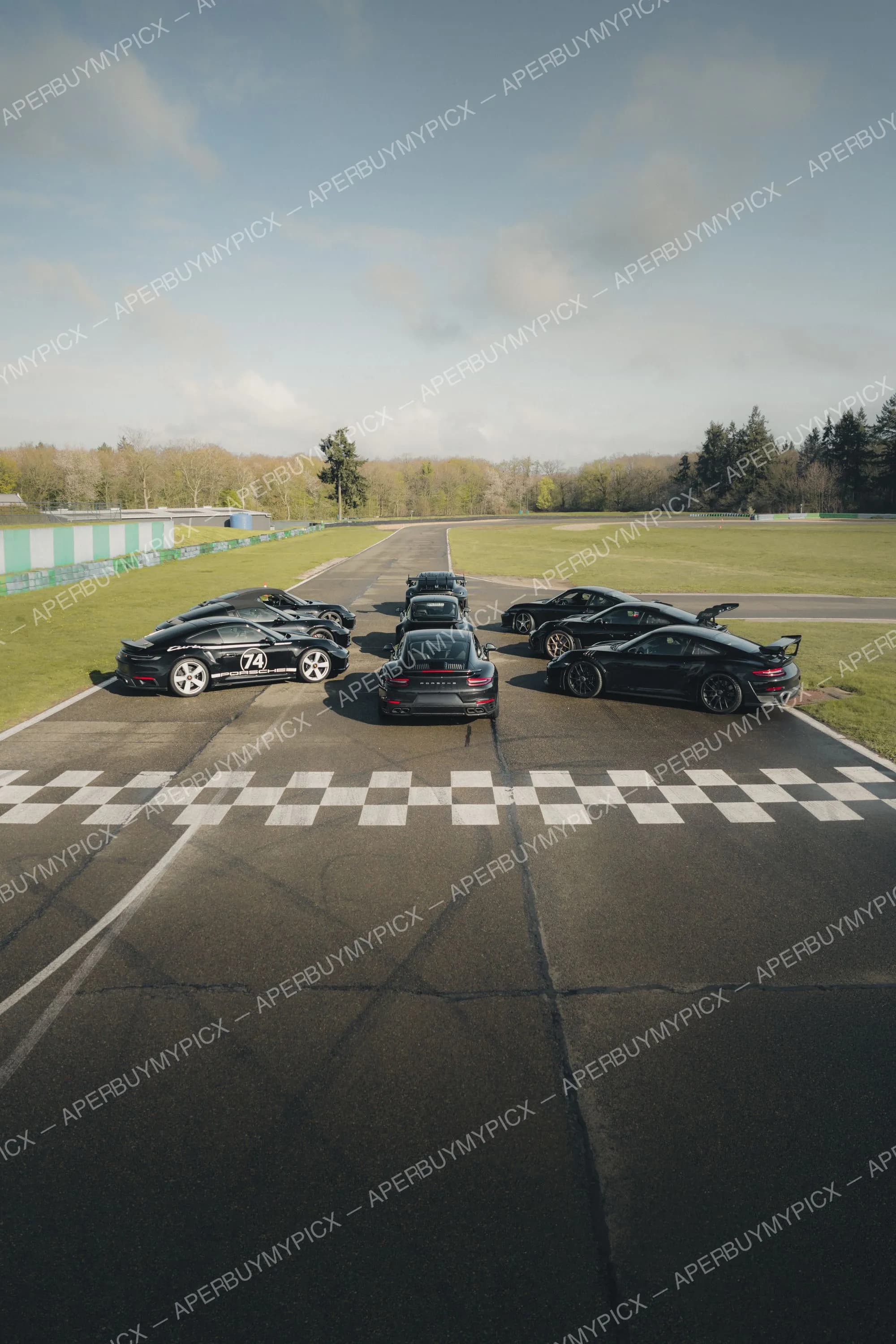 Groupe de Porsche 911 noires, dont une numérotée 74, alignées sur la ligne d'arrivée à damier d'un circuit de course entouré de verdure sous un ciel nuageux