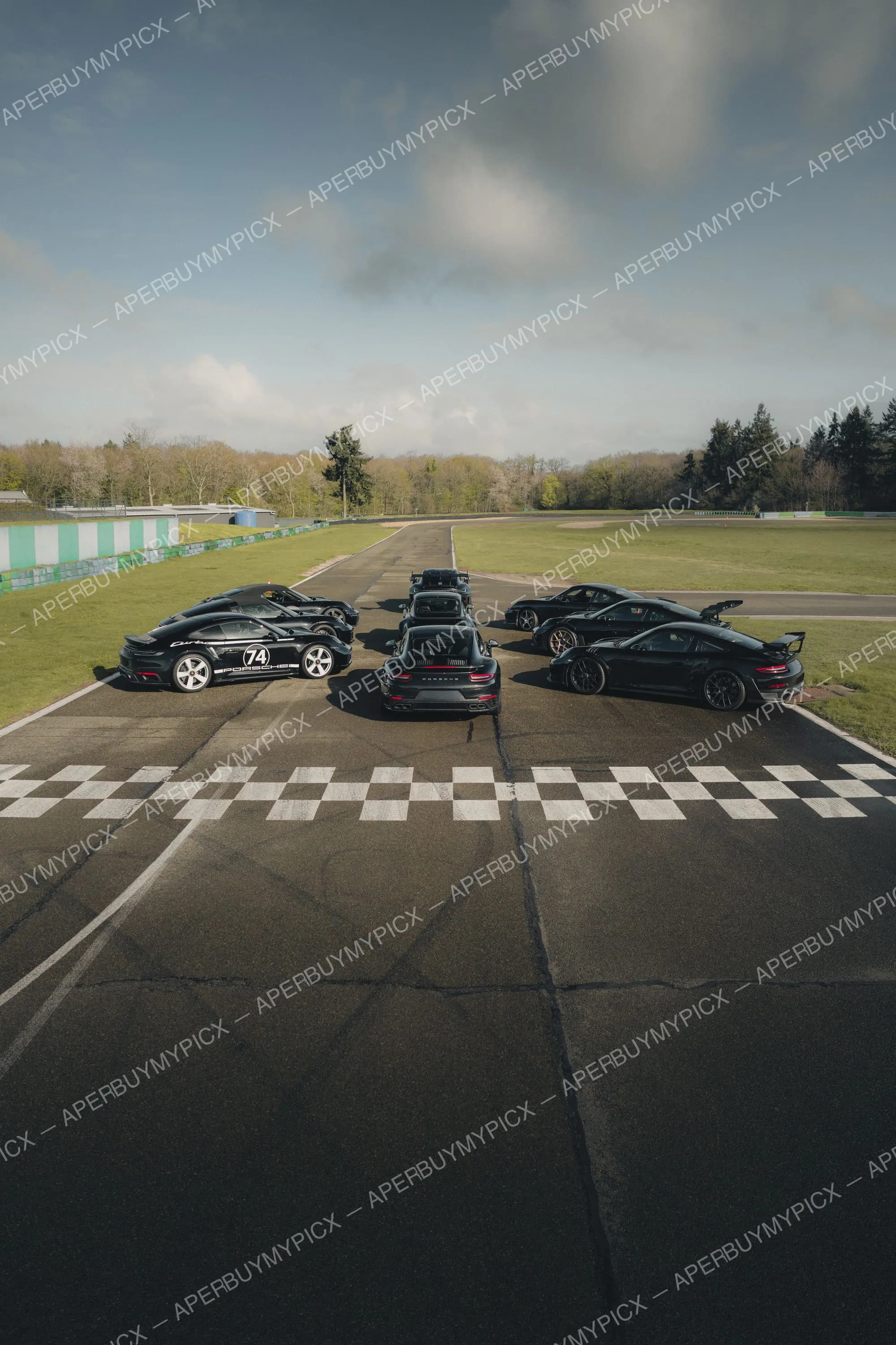 Groupe de Porsche 911 noires alignées sur la ligne d'arrivée à damier d'un circuit, sous un ciel nuageux avec forêt en arrière-plan