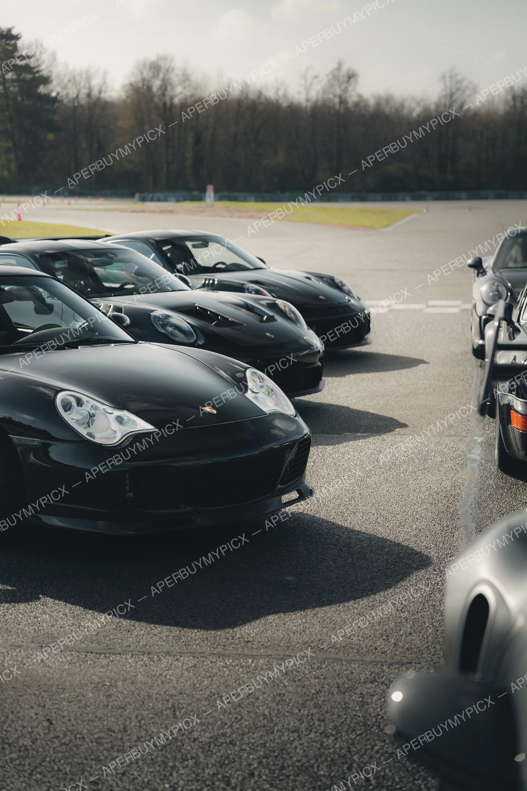 Plusieurs Porsche 911 noires alignées sur l'asphalte d'un circuit, sous un ciel nuageux, avec une forêt en arrière-plan et des voitures grises à droite.