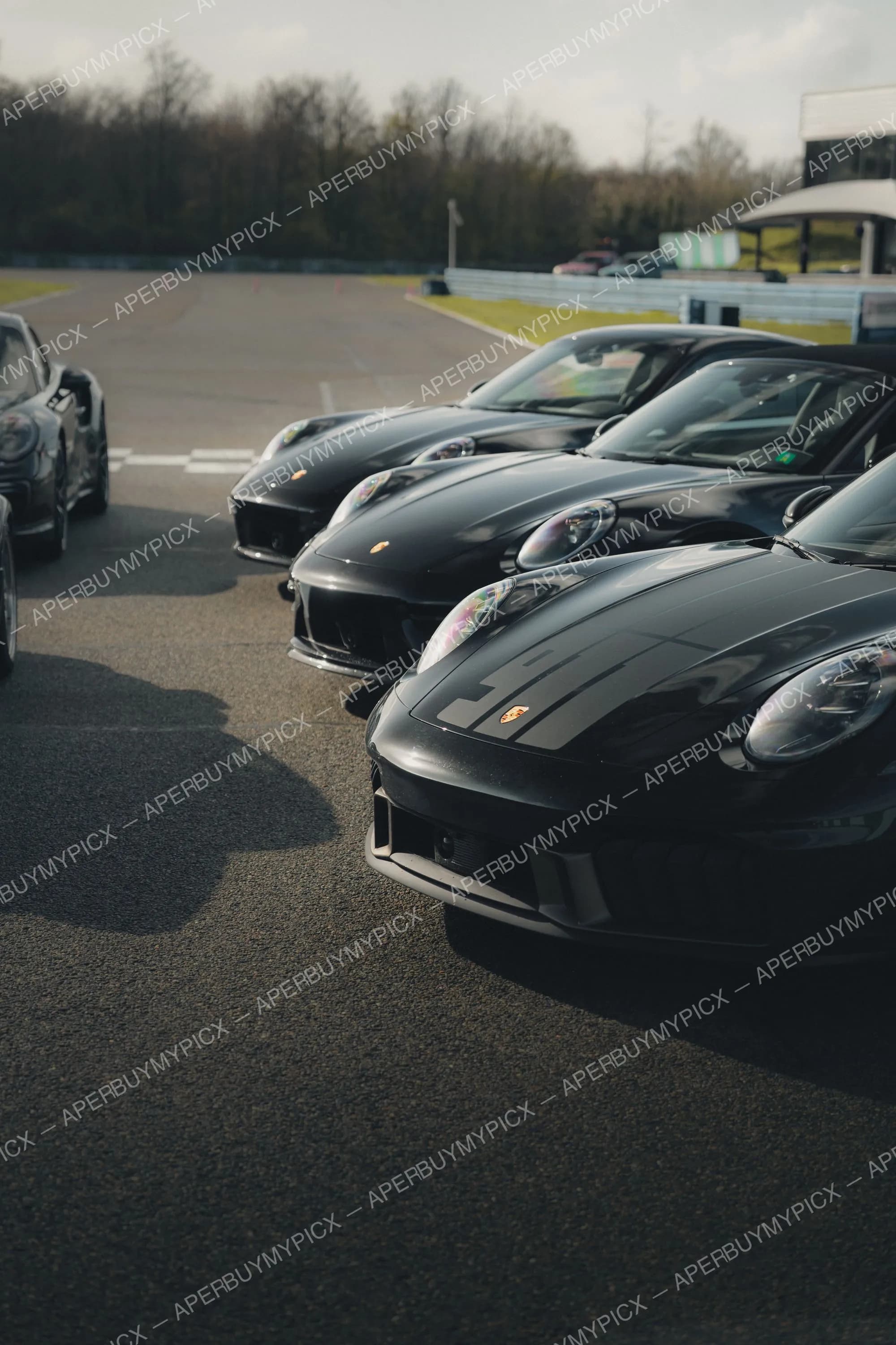 Rangée de Porsche 911 noires alignées sur la piste d'un circuit automobile, faces avant visibles, arbres et paddock en arrière-plan sous un ciel nuageux.