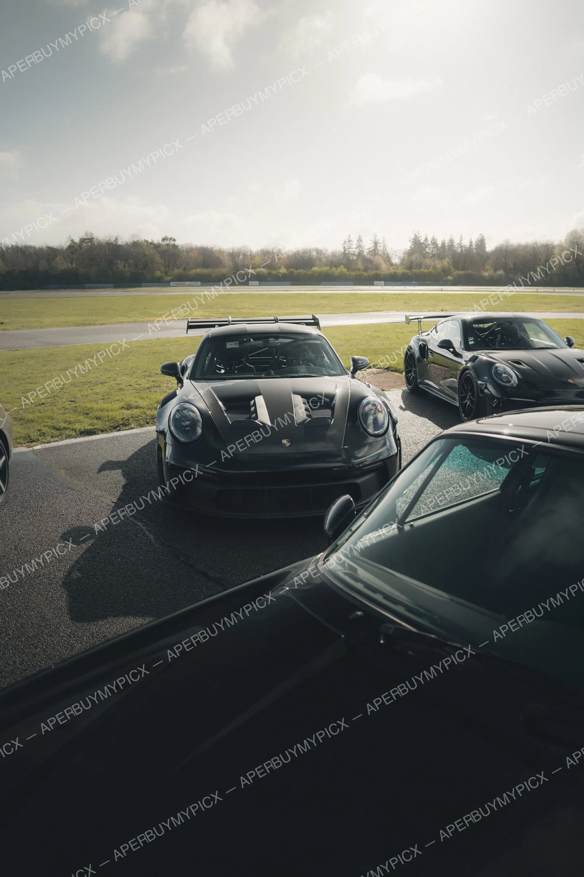 Deux Porsche 911 GT3 RS noires avec ailerons stationnées sur un circuit automobile, herbe verte et arbres en arrière-plan sous un ciel nuageux.