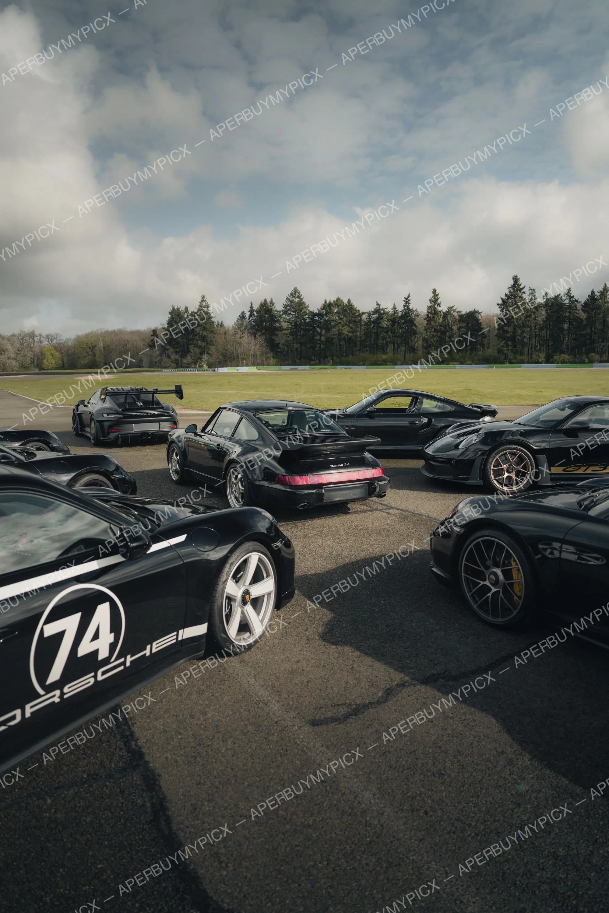 Rassemblement de plusieurs Porsche 911 noires, dont une Turbo 3.6 classique et des modèles GT3, garées sur un circuit sous un ciel nuageux avec forêt en arrière-plan.