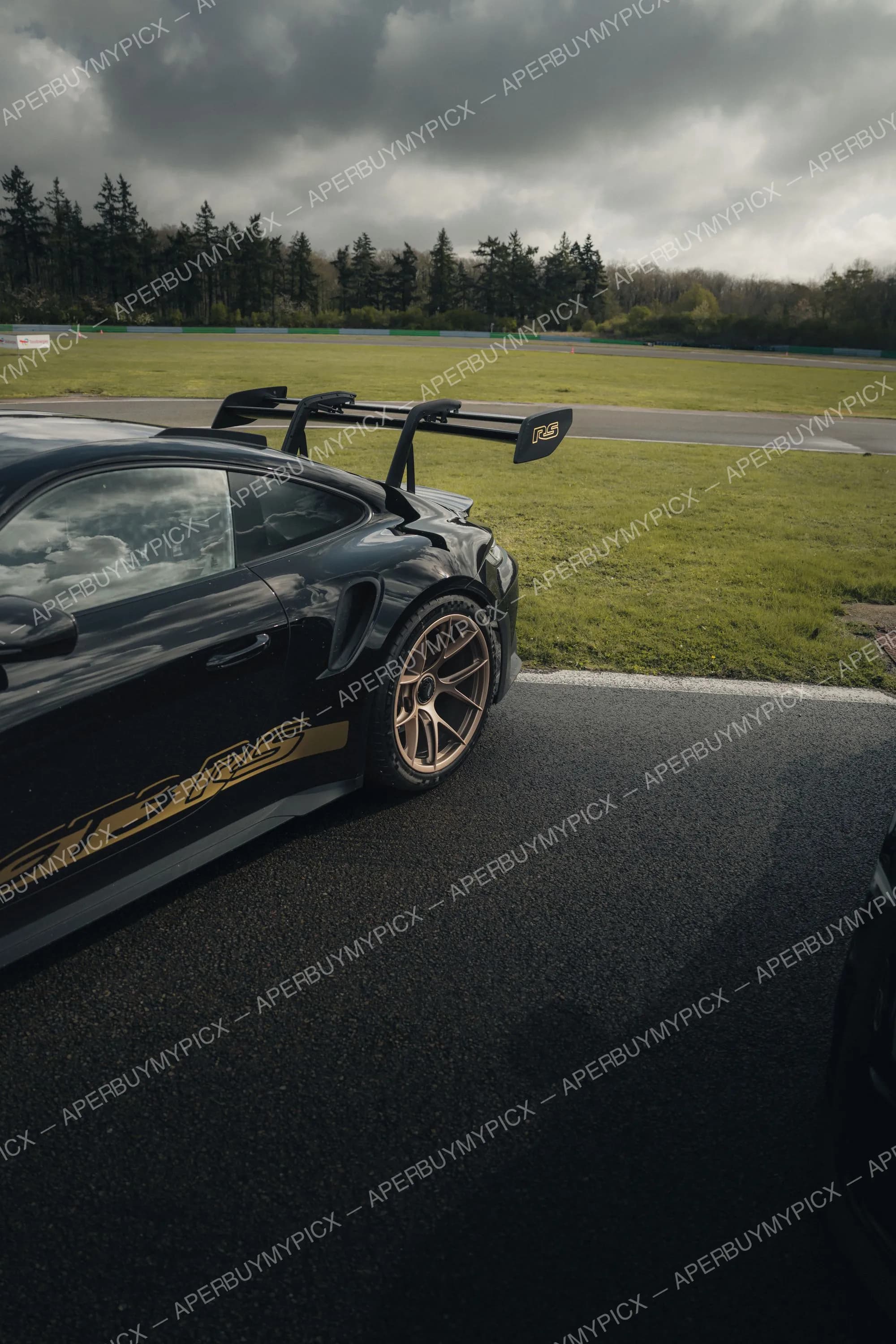 Porsche 911 GT3 RS noire avec liserés dorés et jantes bronze, aileron RS, garée sur un circuit sous un ciel nuageux bordé d'arbres.
