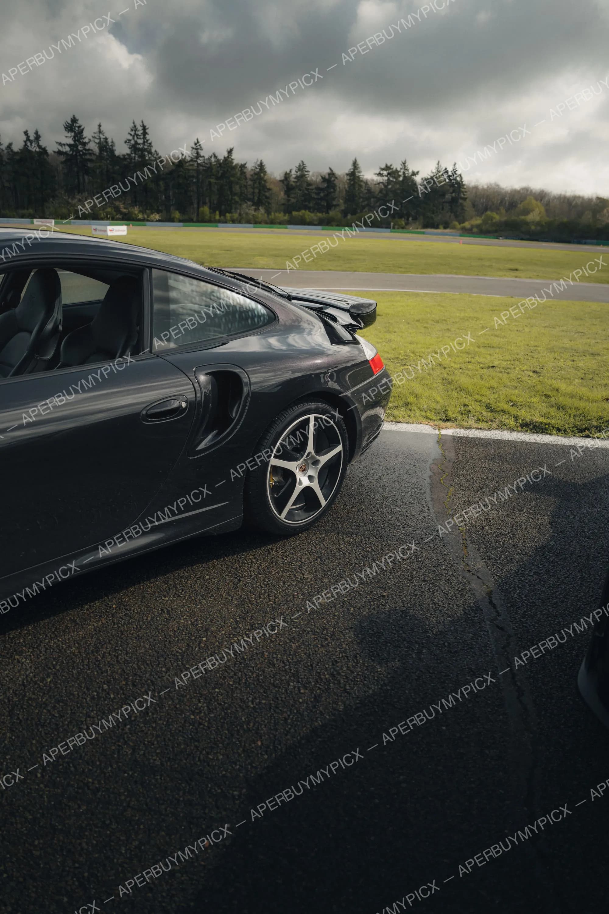 Porsche 911 Turbo noire vue de profil arrière garée sur un circuit humide, avec jantes cinq branches, aileron déployé, herbe verte et ciel nuageux en arrière-plan