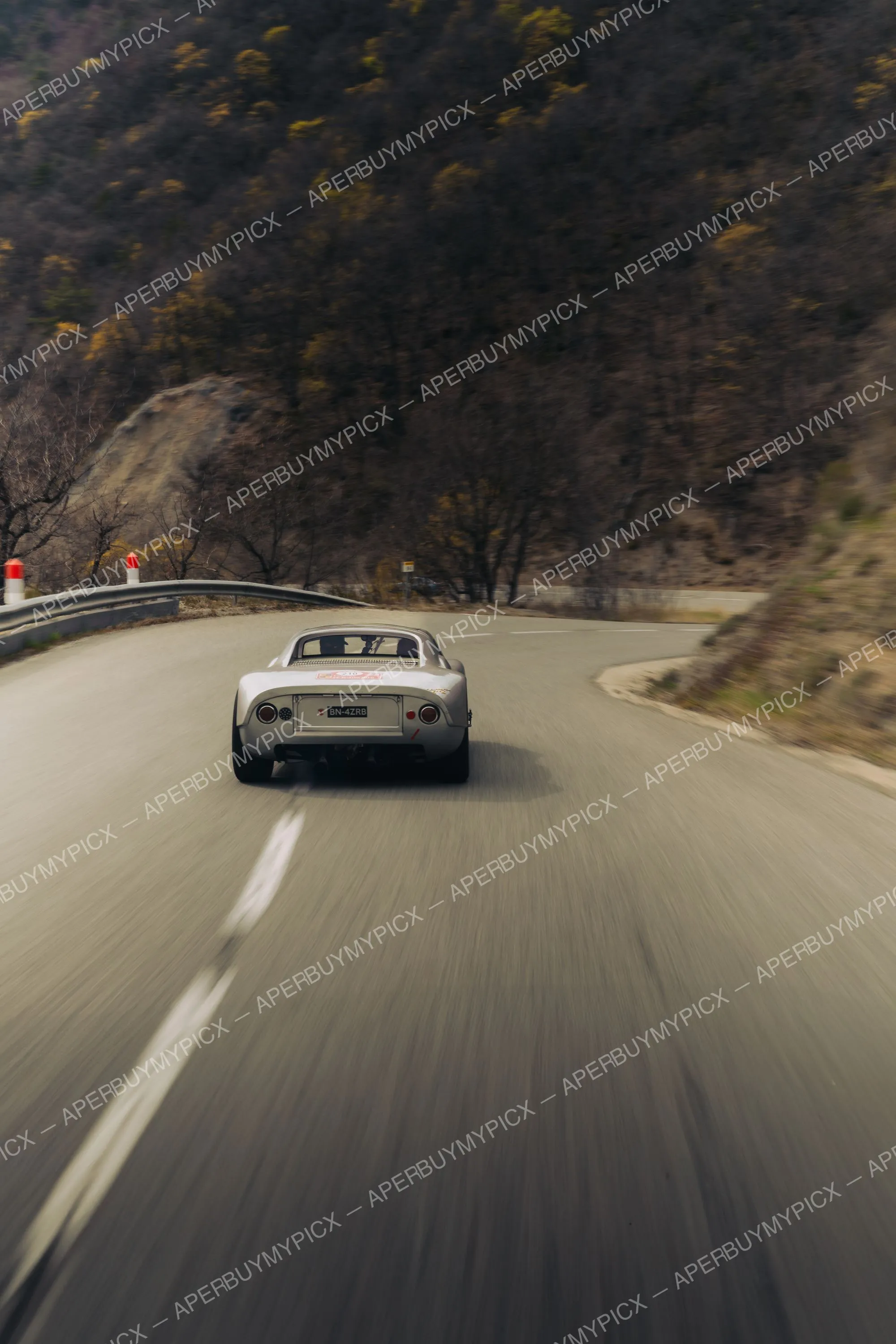 Coupé sport argenté vu de l'arrière roulant à vive allure sur une route de montagne sinueuse, avec effet de vitesse sur l'asphalte et collines boisées automnales en arrière-plan.